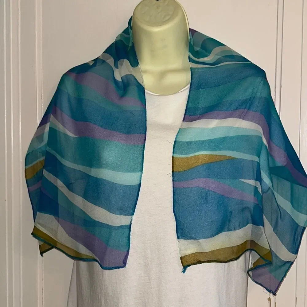 Vtg mid century semi sheer chiffon turquoise, aqua blue, purple & white‎ scarf